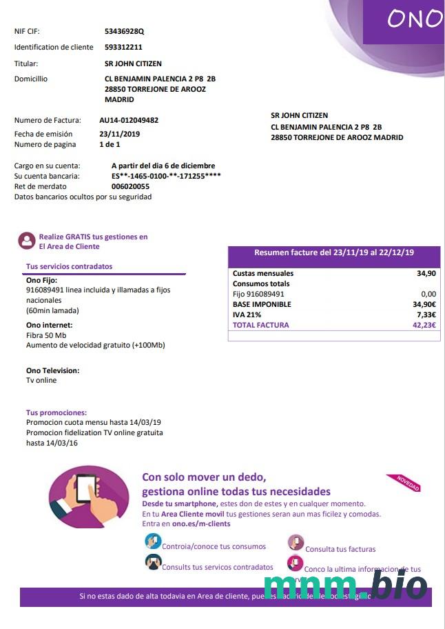 Hiszpania ONO łatwy do wypełnienia szablon rachunku za media w formacie Word i PDF